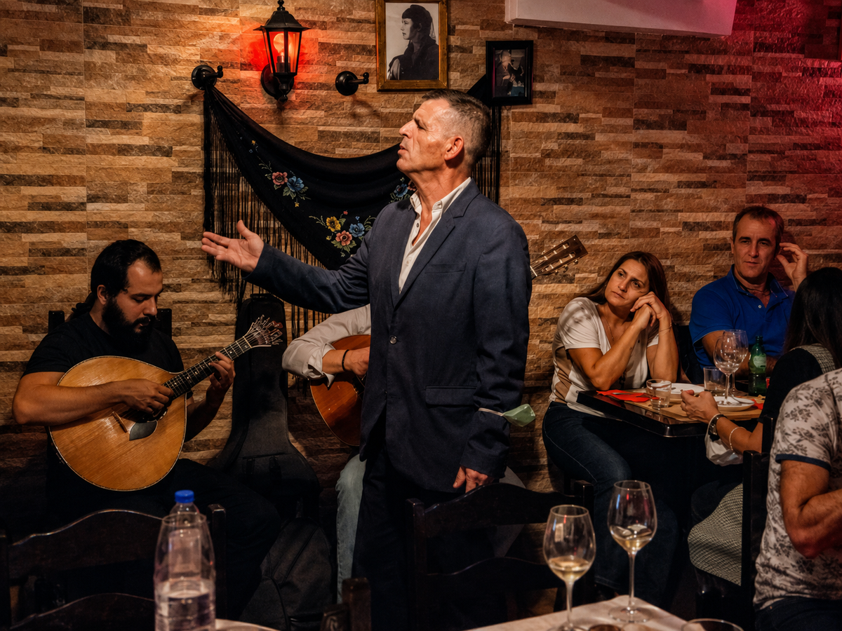 A Fado singer performing among restaurant tables