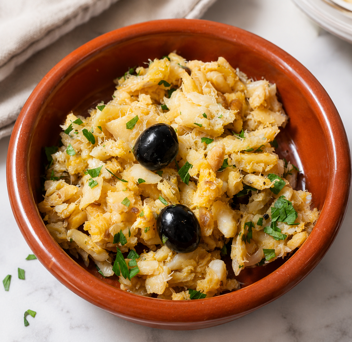 A plate of traditional Portuguese cod, potatoes and olives